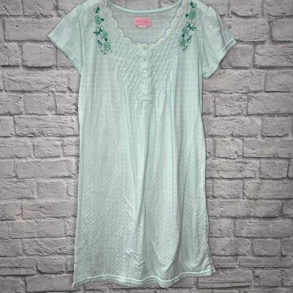 Vintage Pink Label Cotton Chemise Nightgown Teal Blue Size M Short Sleeve Floral